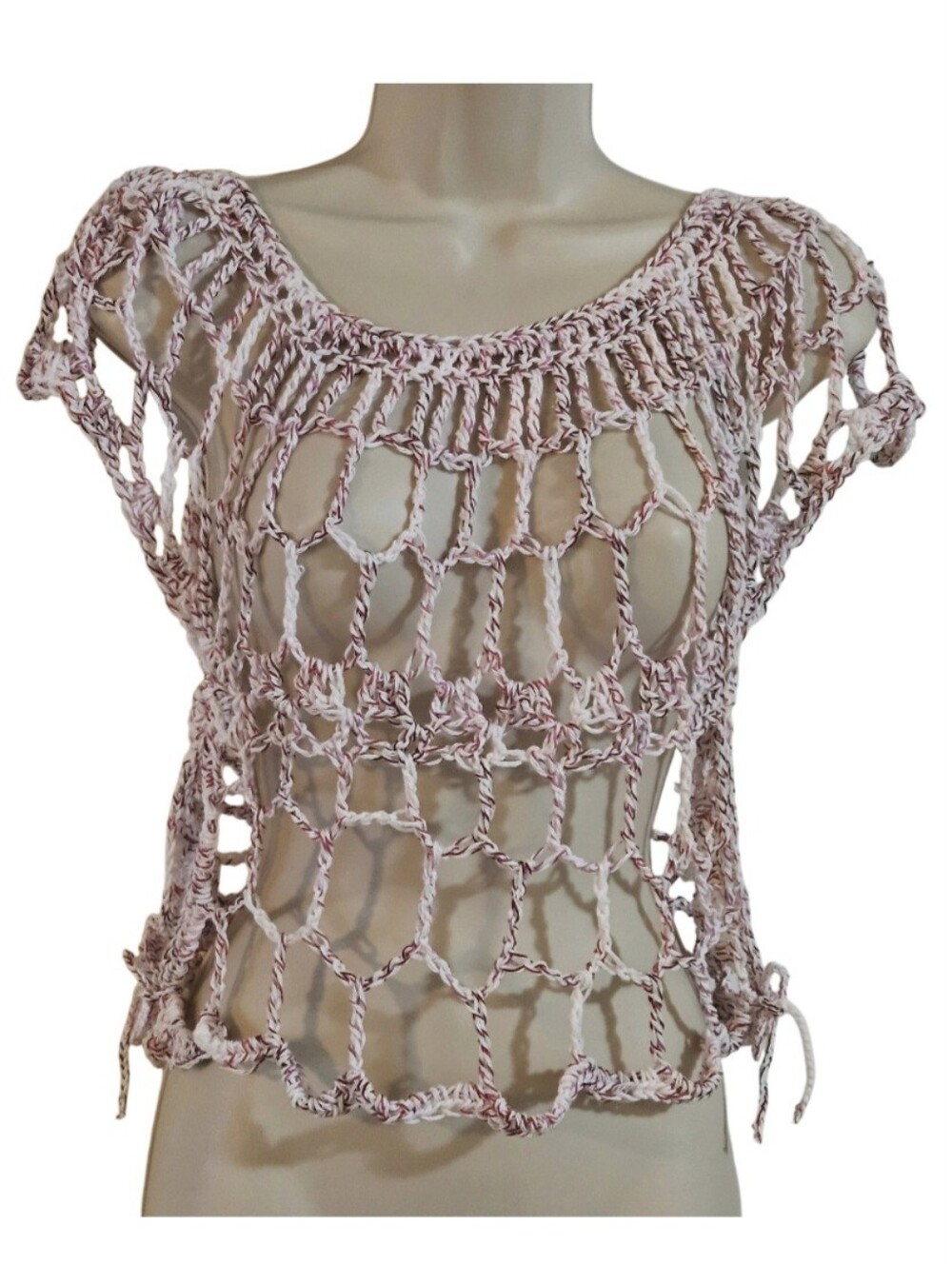 Handmade Crochet Open Work Top One Of A Kind Shaded Crimson 100% Cotton Versatil - Picture 8 of 16